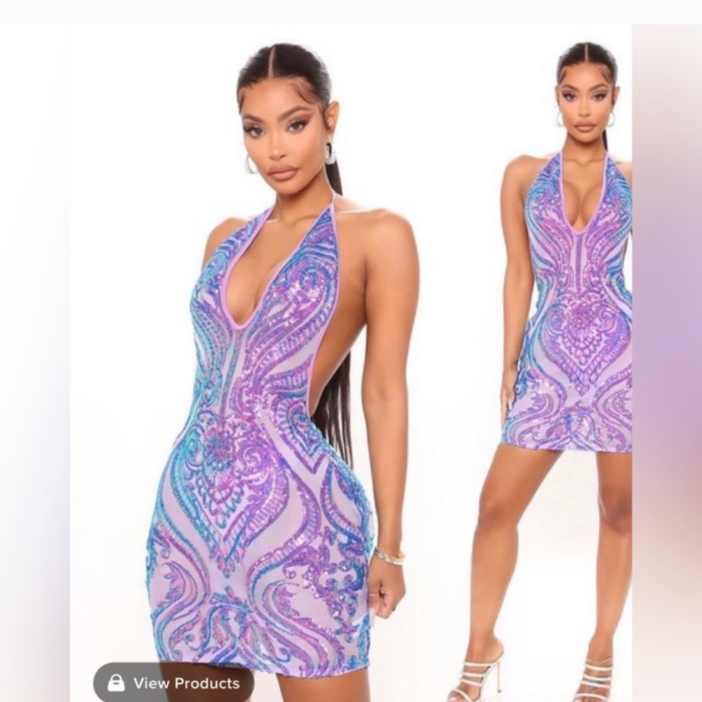 FASHION NOVA Lilac Purple Halter Open Back Sequins Mini Dress Sz M - Picture 2 of 6